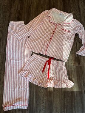 3 piece - Red & White Striped Pajama Set